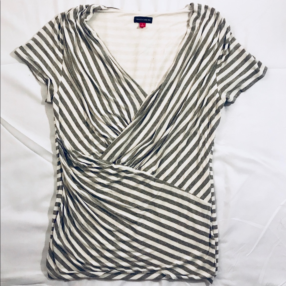 Grey and White Striped Wrap Top by Vince Camuto